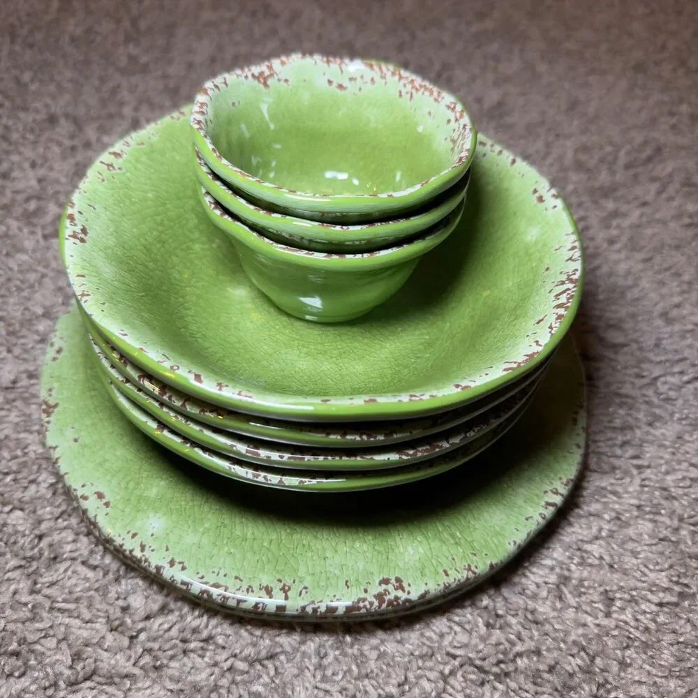 Pier 1 Imports CARMELO Green Melamine Plates Bowls LOT of 9 Snack Set Crackle